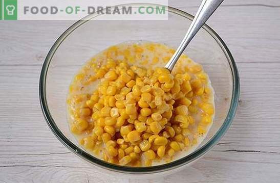 Corn fritters: kasutada konserveeritud maisipuru! Autoril on samm-sammult fotoretsept kefiiri maisiga fritterite jaoks