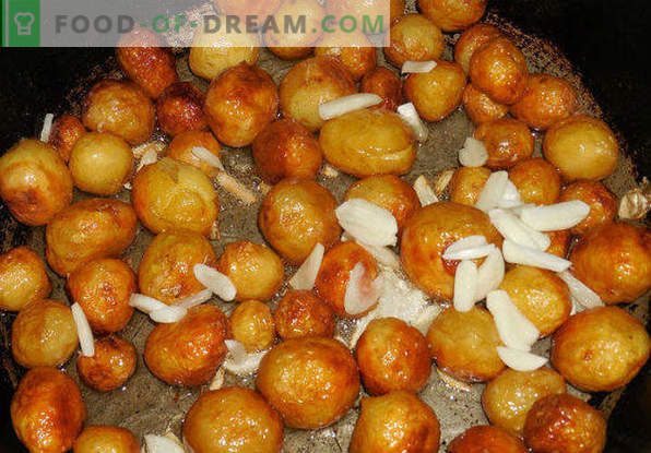 Kuidas kartulit praadida kuldse kooriku, sibula, liha, seente abil