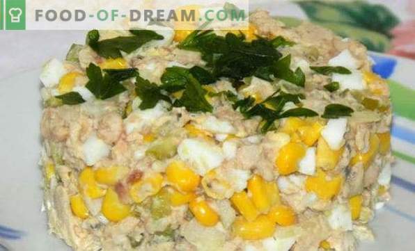 Maitsvad retseptid konserveeritud kala salatitest, sulatatud juustuga, õrn, päevalill, Mimosa