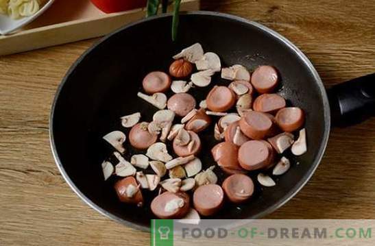 Pasta munaga, vorstiga ja seentega: kiire lahendus hommikusöögi või õhtusöögi probleemile. Foto-retsept: küpsetamine pasta seente ja vorstidega samm-sammult